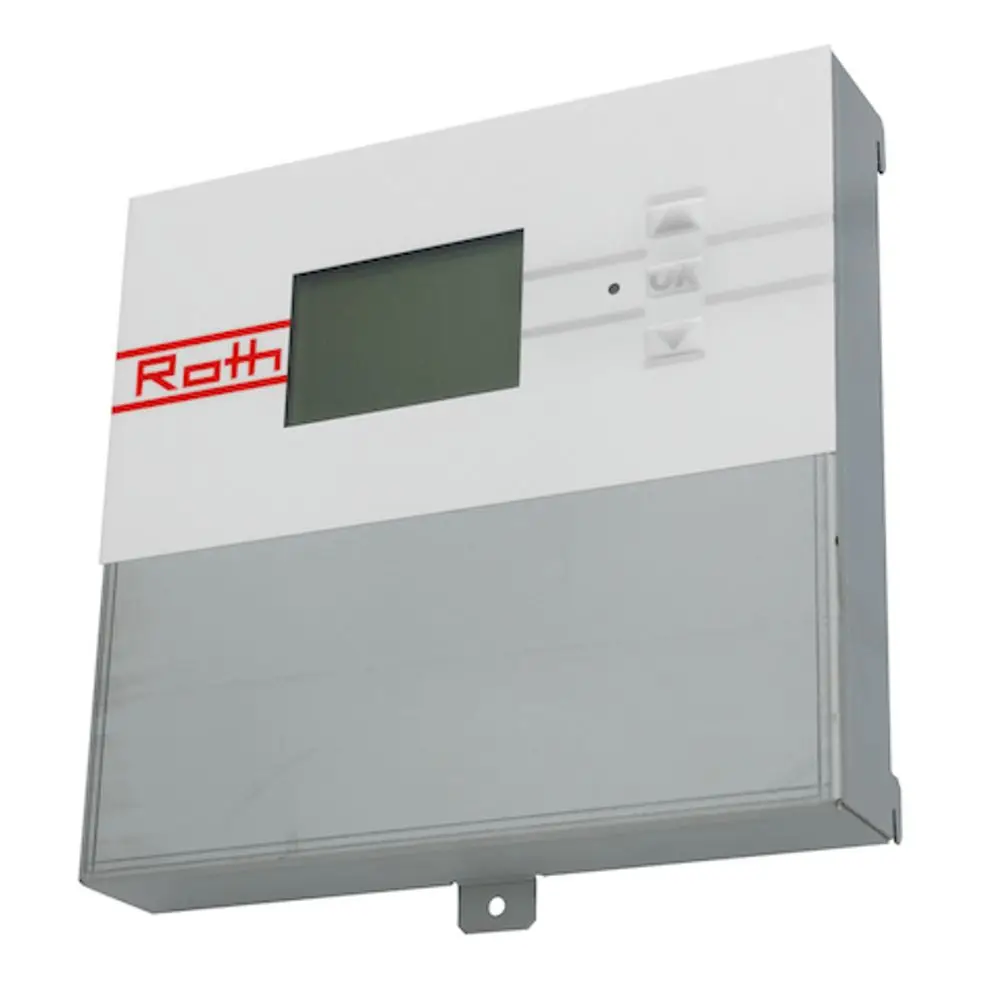 Wandgerät von Roth mit LCD-Display und Tasten zur Steuerung, in weißer und silberner Farbgestaltung, für die Bedienung einer Wärmepumpe.
